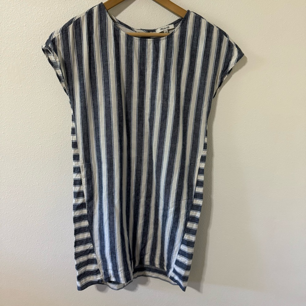 Madewell Stripe Play Button Back Linen Blend Shift Dress Blue White Pockets-XS - Picture 2 of 10